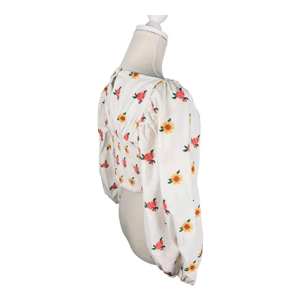 Farm Rio Mixed Cross Stitch Flowers Embroidered Crop Top Puff Sleeve Bow M NWT